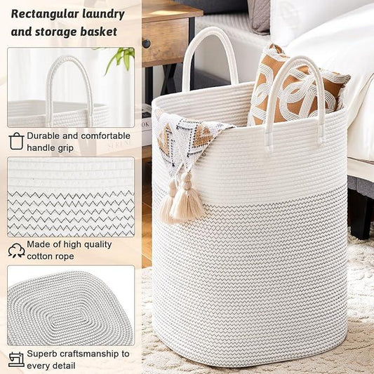 Laundry Basket,Woven Cotton Rope Laundry Hamper,Versatile Storage for Dirty Clothes,Baby Toys,and Blankets in Bathroom, Nursery,and Living Room (White, 100L) - ModernBath