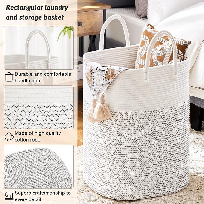 Laundry Basket,Woven Cotton Rope Laundry Hamper,Versatile Storage for Dirty Clothes,Baby Toys,and Blankets in Bathroom, Nursery,and Living Room (White, 80L) - ModernBath