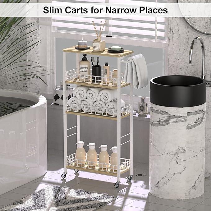 Slim Storage Cart White Narrow Storage Cabinet 4 Tier Laundry Room Organization Mobile Bathroom Shelving Unit Organizer Rolling Utility Cart Slide Out Kitchen Cart Tower Rack for Narrow Places 7.08’’W - ModernBath