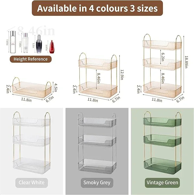 YCIA&DONE Bathroom Organizer Countertop, Makeup Storage, Skincare Cosmetic Tray Shelf, Perfume Holder Rack for Vanity Counter, Large Capacity, Easy to Install, Clean, 3 Tiers, Amber Gold - ModernBath
