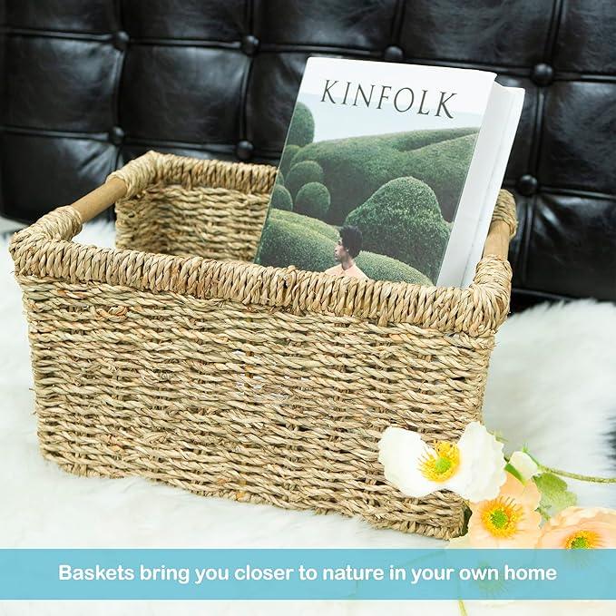 Natural Seagrass Basket with Wooden Handle, Medium Rectuangular Wicker Basket for Living Room 12.2 x 8.9 x 6.7 inches - 3 Pack - ModernBath