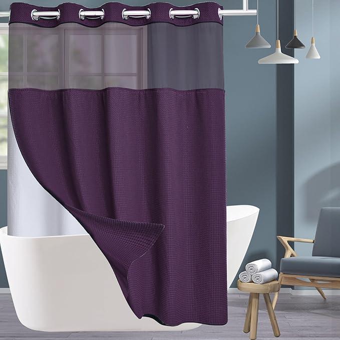 Conbo Mio Extra Long No Hook Waffle Weave Shower Curtain with Snap in Liner Set, Hotel Luxury Purple Shower Curtains for Bathroom with See Through Top Window, Waterproof, Washable 71W x 84H - ModernBath