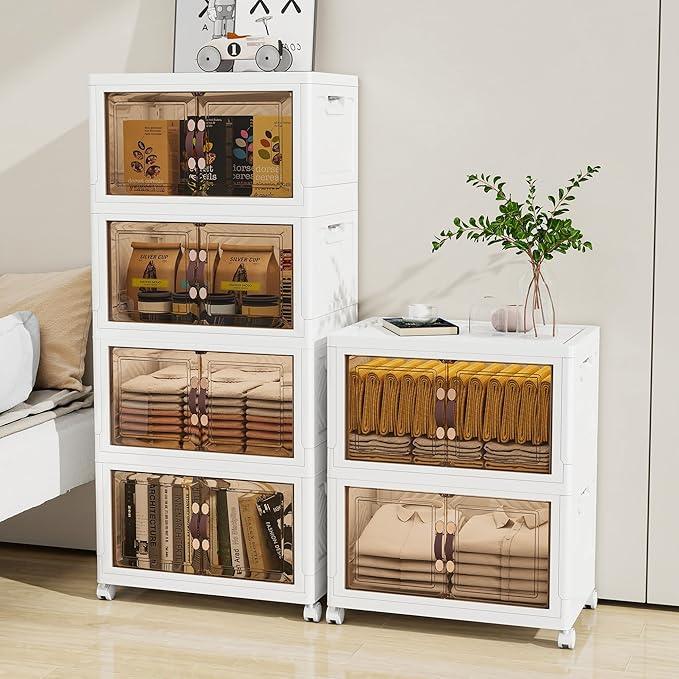 Storage Bins with Lids and Wheels, 90QT-45QT*2Tier Collapsible Bathroom Storage Cabinet with Clear Doors, Plastic Stackable Closet Organizers and Containers White - ModernBath