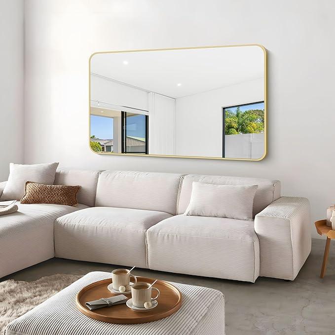 BONEWEI Gold Bathroom Mirror,60x36 inch Wall Mirror for Bathroom Wall Mounted,Round Rectangle Mirror for Bathroom Over Sink,Modern Frame for Home Decor Living Room,Bedroom Entryway,Horizontal/Vertical - ModernBath
