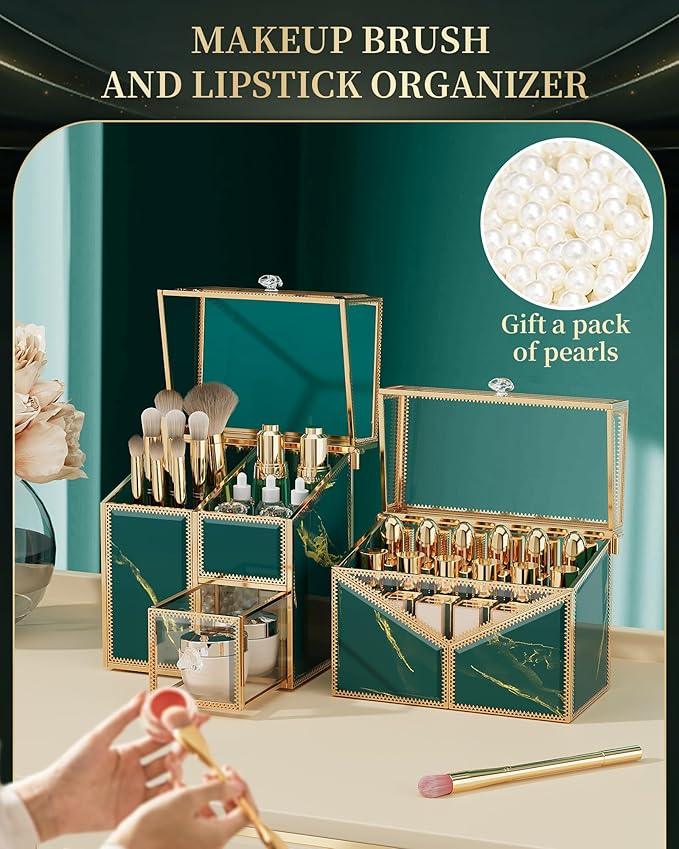 CoralHouse Makeup Organizer Countertop Set – Vanity Holder with 18-Slot Lipstick Organizer & Covered Makeup Brush Holder – Skincare, Perfume & Cosmetic Display for Bathroom or Dresser - ModernBath