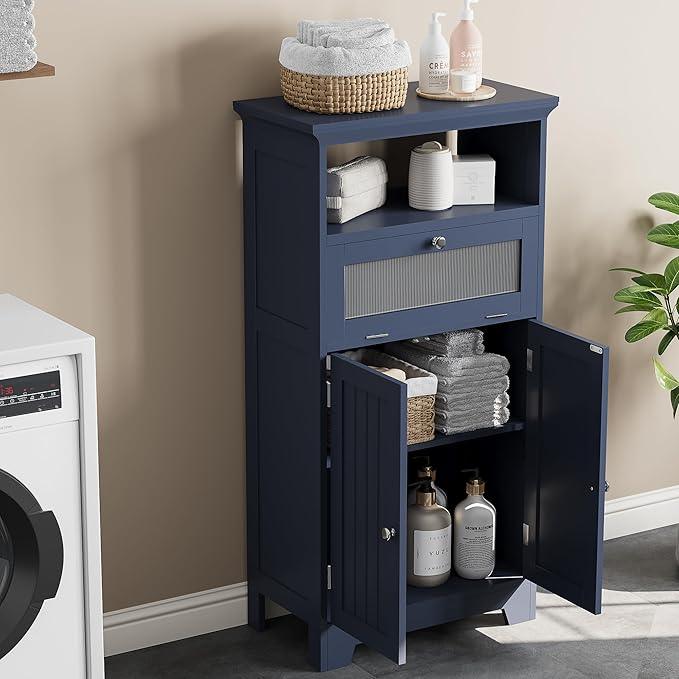 ChooChoo Bathroom Floor Storage Cabinet with Flip Glass Drawer, Freestanding with 2 Doors, Adjustable Shelf & 1 Open Storage for Living Room, Hallway, Navy Blue - ModernBath