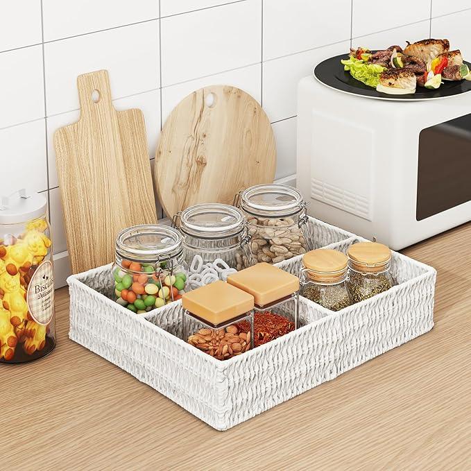 Vagusicc Wicker Divided Storage Basket, White Wicker Baskets, Basket for Shelves Drawer Organizing, 3 Section Rectangular Woven Storage Baskets, 2-Pack - ModernBath