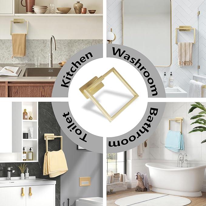 LANC Hand Towel Rings for Bathroom Wall Mount Brushed Gold Square Self Adhesive Hand Towel Holder for Bath Kitchen Lavatory Stainless Steel Contemporary Shower Towel Racks Towel Hanger, A8396BG - ModernBath