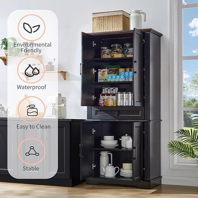 71" Black Tall Pantry Cabinet with Drawer and Adjustable Shelves, Modern Storage Cabinet with Doors, Kitchen Buffet Cabinet, Food Pantry Storage Cabinet, Coffee Bar, Living Room and Dining Room - ModernBath