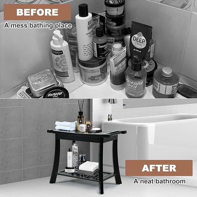 Black Bamboo Shower Bench for Inside Shower with Storage Shelf, Bathroom Shower Stool for Adults Shaving Legs, Spa Bathroom Bench Stool for Indoor Outdoor Use,Bamboo - ModernBath