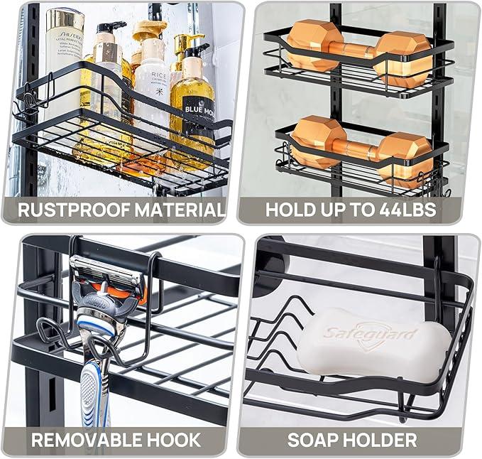 LEVERLOC Over The Door Shower Caddy, Shelf Distance Adjustable Hanging Rack Sturdy Rust Proof Bathroom Shelves with Strong Suction Cup, Shower Organizer Basket Storage Rack, Metal Black - ModernBath