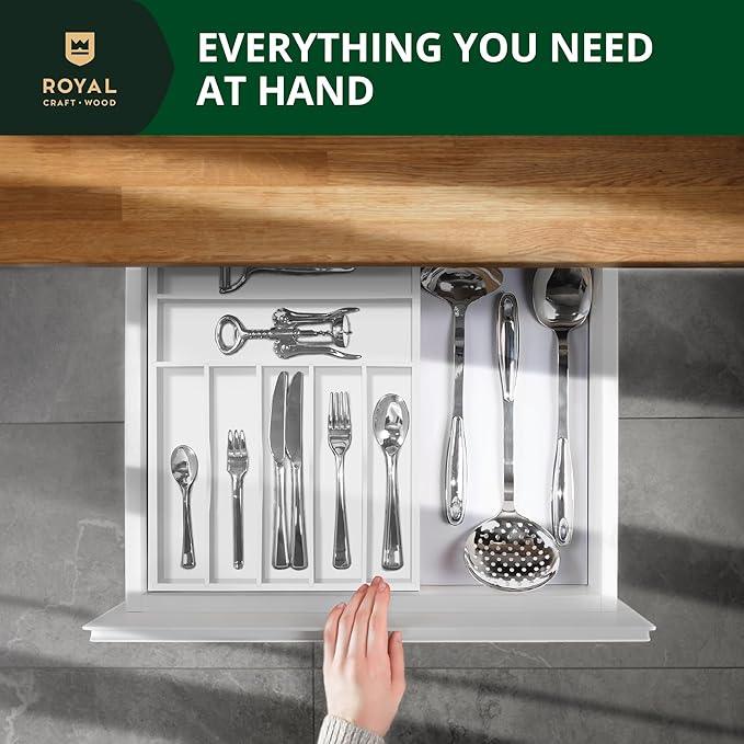 ROYAL CRAFT WOOD Luxury Bamboo Kitchen Drawer Organizer - Silverware Organizer - Utensil Holder and Cutlery Tray with Grooved Drawer Dividers for Flatware and Kitchen Utensils (7 Slot, White) - ModernBath