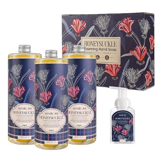 ROMIIE ZOI Foaming Hand Soap Refill Gift Set – Honeysuckle Scent – 3 Pack (1000ML Each) with Dispenser, Gentle & Moisturizing Plant-Based Formula – Bulk Refill Bottles for Bathroom & Kitchen Use - ModernBath