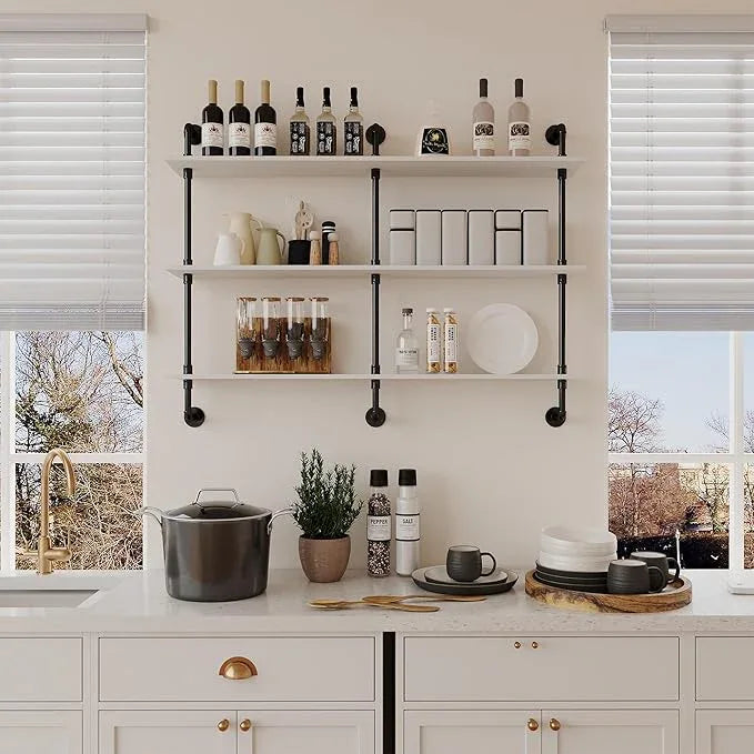 3-Tier Industrial Pipe Floating Shelf – Rustic 60 inch Wood Wall-Mounted Storage Shelf for Kitchen Office,Bathroom & Home Decor -White - ModernBath