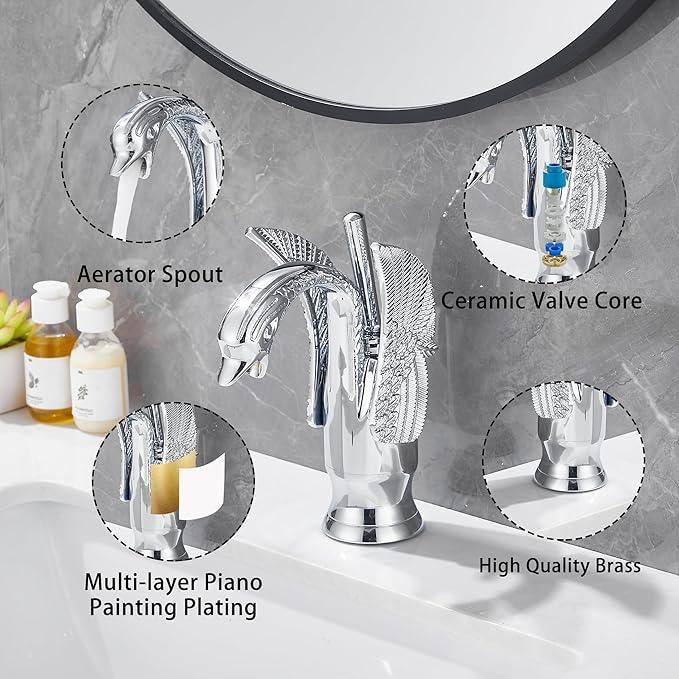 GGStudy Chrome Bathroom Faucet Swan Shape Single Handle One Hole Bathroom Vanity Faucet Basin Tap Deck Mount Lavatory - ModernBath
