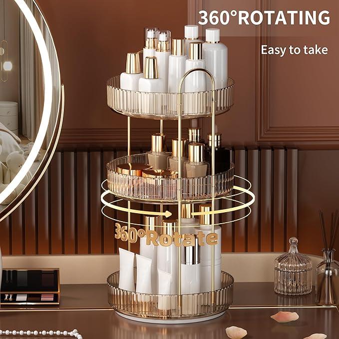 YCIA&DONE 360 Rotating Makeup Organizer and Storage for Vanity Countertop 3 Tiers, High Capacity Cosmetic Skincare Perfume Organizers for Dresser Bathroom Lazy Susan (Amber Gold) - ModernBath