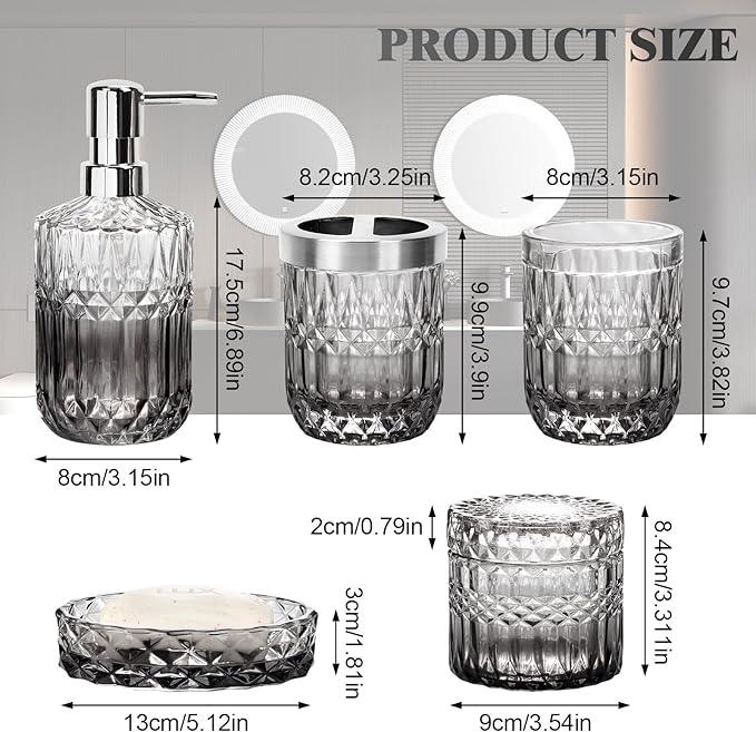 Ulable Bathroom Accessories Set, 5Pcs Bathroom Soap Dispenser Set, Glass Bathroom Accessories with Glass Soap Dispenser, Soap Dish, Toothbrush Holder, Tumbler, Cotton Swab Jar (Gradient Clear & Black) - ModernBath