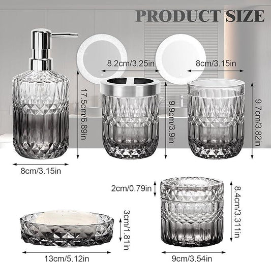 Ulable Bathroom Accessories Set, 5Pcs Bathroom Soap Dispenser Set, Glass Bathroom Accessories with Glass Soap Dispenser, Soap Dish, Toothbrush Holder, Tumbler, Cotton Swab Jar (Gradient Clear & Black) - ModernBath