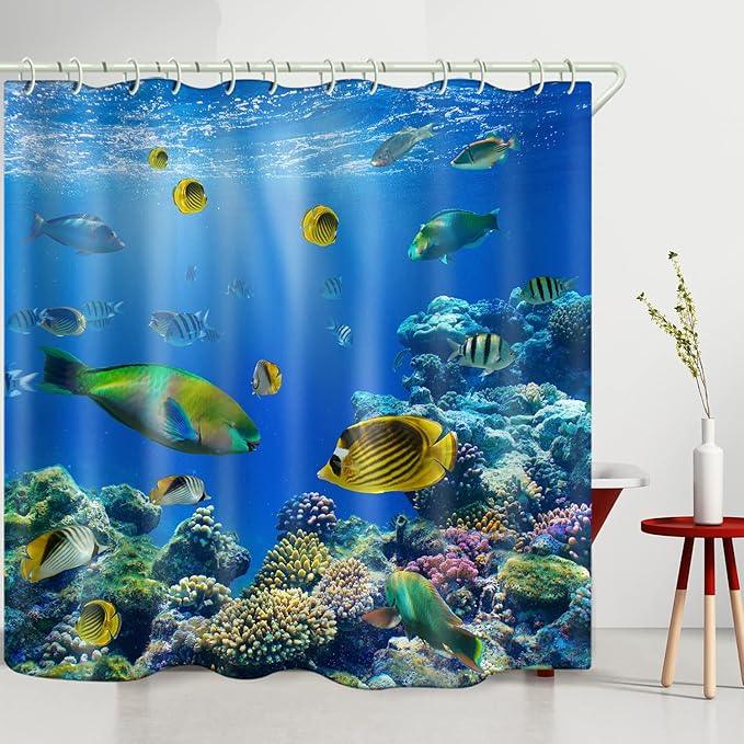 LYFANS Waterproof Polyester Fabric Shower Curtains, Seaworld Print Large Width Partition Curtain, Bathtub Shower Curtain Liner, 12 White Hooks (72x72 inches) - ModernBath