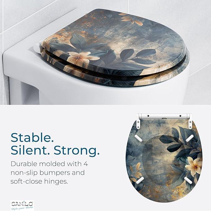 Sanilo Wooden Toilet Seat with Quick Release & Soft Close [ROUND] - Decorative & Slow Close Molded Wood Seat - With One Click for Easy Installation & Cleaning - With Adjustable Fit (Lilybud) - ModernBath