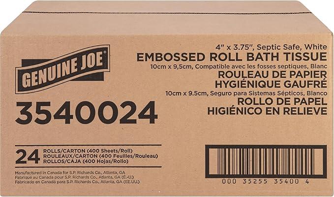 Genuine Joe Embossed Bath Tissue, 2-Ply, Septic Safe, Individually Wrapped, 4" x 3.75", 400 Sheets/Roll, 24 Count - ModernBath