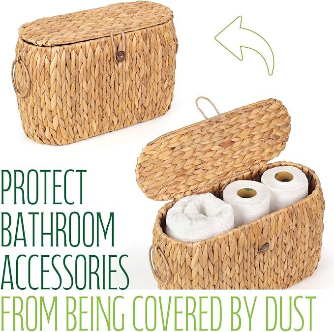 Toilet Paper Storage, Water Hyacinth Baskets with Lid, Toilet Paper Baskets for Storage Holder 6 Rolls, Papers Basket with Built-in Handles for Organizer, Bathroom Accessories Organizer - ModernBath