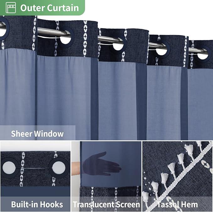 eachope No Hook Extra Long Shower Curtain Set with Snap-in Liner,Linen Textured Thick Striped Fabric with Tassels,Boho Chic Modern Farmhouse Bathroom Curtain,Water-Repellent,Navy Blue,71x86 - ModernBath