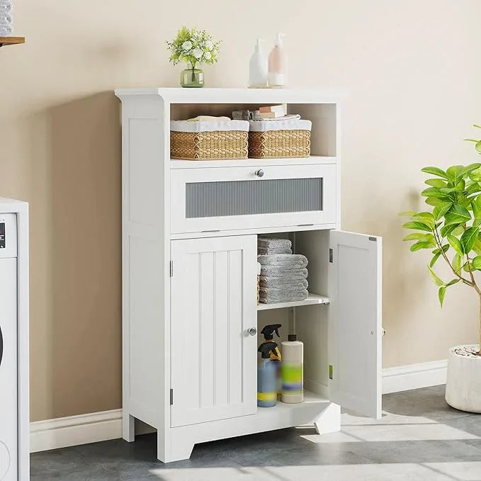 ChooChoo Bathroom Floor Storage Cabinet with Flip Glass Drawer, Freestanding with 2 Doors, Adjustable Shelf & Open Storage for Living Room, Hallway, White - ModernBath