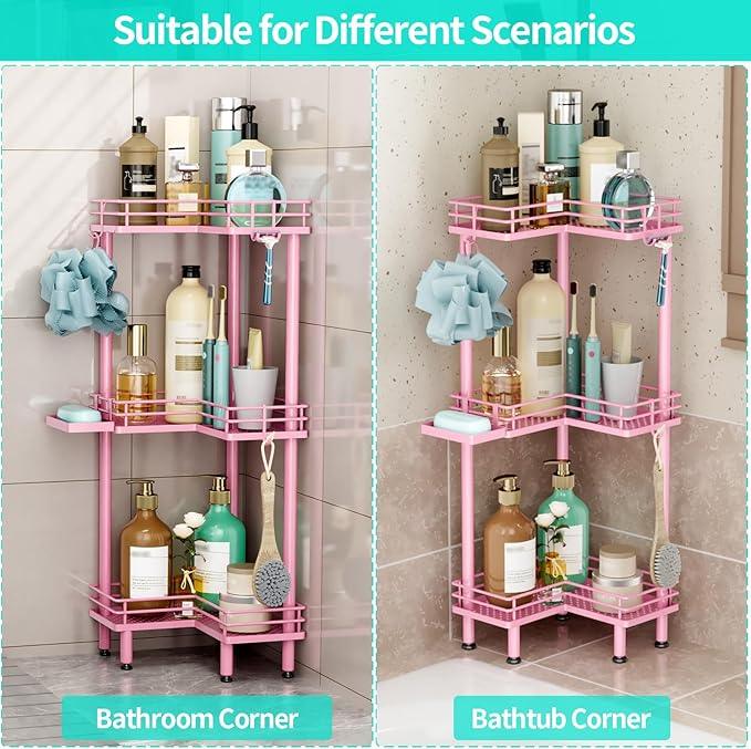 HapiRm Corner Shower Caddy Standing - 3 Tier Shower Organizer Corner with Soap Holder, Rustproof Bathroom Standing Organizer with 4 Hooks, Pink - ModernBath