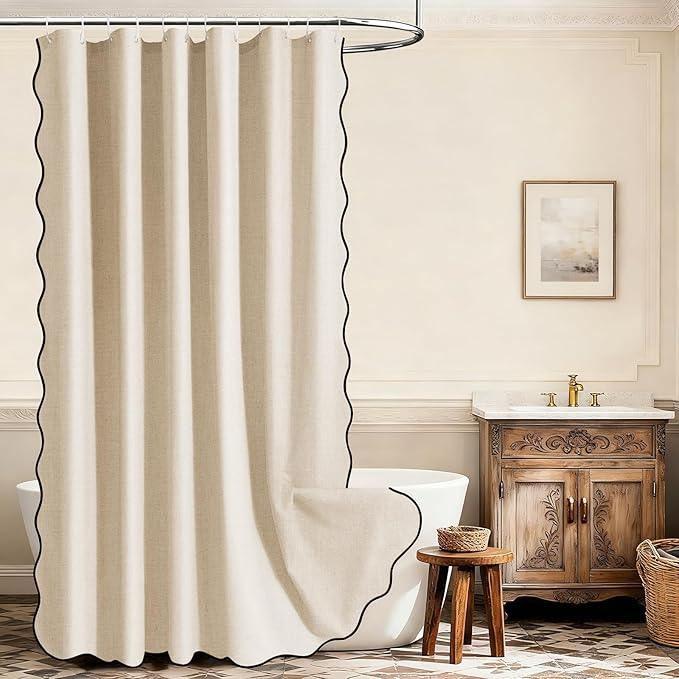 WONICY Beige Scalloped Long Shower Curtain with Black Border - Heavy Duty Polyester Shower Curtains for Bathroom, Waterproof & Washable, 72x78 Inches with 12 Hooks - ModernBath