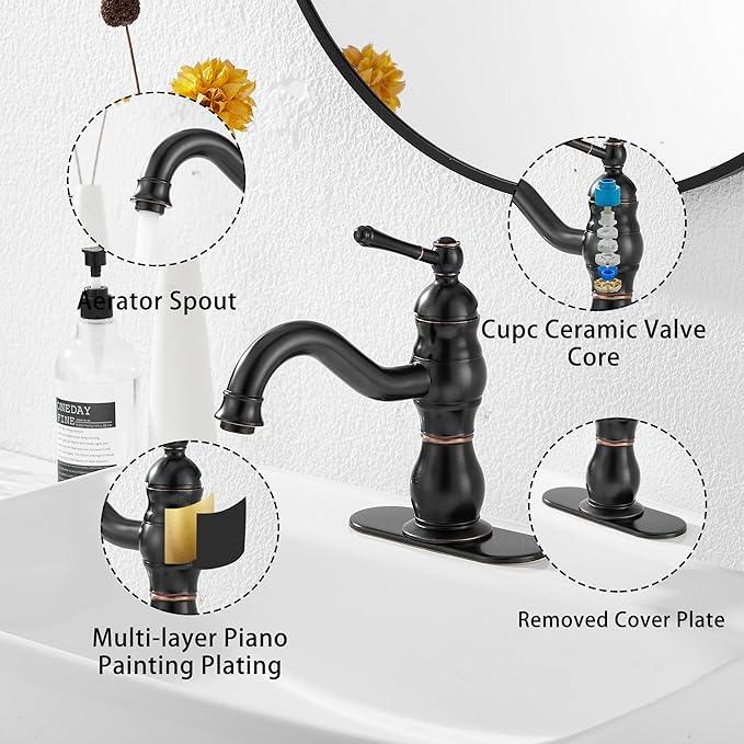 Oil Rubbed Bronze Bathroom Faucet GGStudy Bathroom Vanity Faucet Single Handle One Hole Bathroom Sink Faucet Basin Mixer Tap Matching Pop Up Drain with Overflow - ModernBath