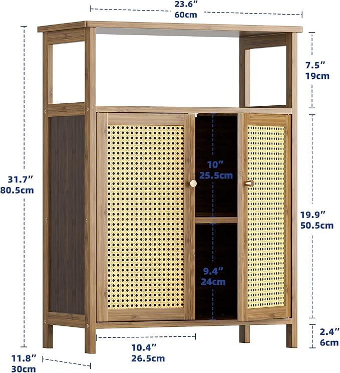 HITNET Rattan Bathroom Floor Cabinet, Freestanding Bamboo Storage Cupboard with 2 Doors, Living Room Sideboard, Space Saving, Walnut - ModernBath