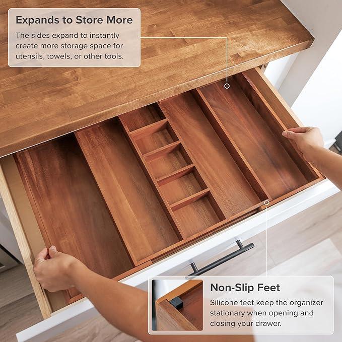 KitchenEdge Adjustable Kitchen Drawer Organizer for Utensils and Junk, Food-Safe Contract Grade with 100% Sustainable Wood, Non-Slip, Expandable from 16" to 28" Wide - Natural Acacia - ModernBath