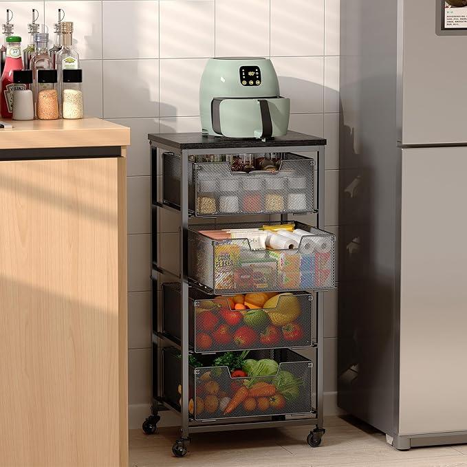 4-Tier Fruit Vegetable Storage Cart - Kitchen Organizer and Storage Cart with Wheels, Wooden Top Metal Wire Fruit Vegetable Rack Stand with Drawers to Storage Cans Snacks for Kitchen(Patent Pending) - ModernBath