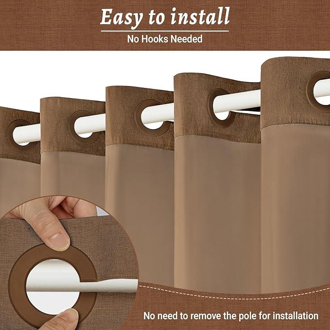 WONICY No Hook Brown Shower Curtain and Liner, Linen-Look Polyester Textured Shower Curtain with Snap in Liner, Waterproof & Washable Bath Curtains for Bathroom, 71Wx74H - ModernBath