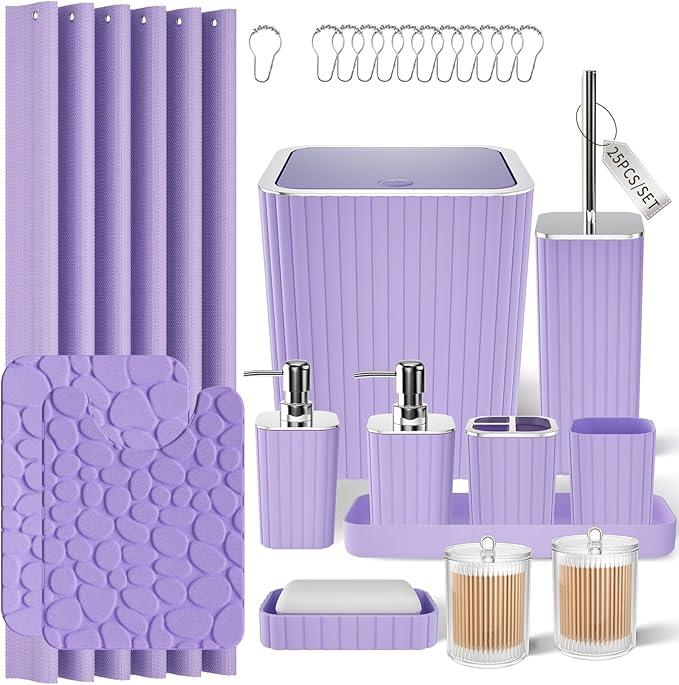 XLHOMO Bathroom Accessories Set - 25PC Bathroom Sets with Shower Curtain and Rugs, Purple Bathroom Accessories with Trash Can, Soap Dispenser, Soap Dish & Toilet Brush - ModernBath