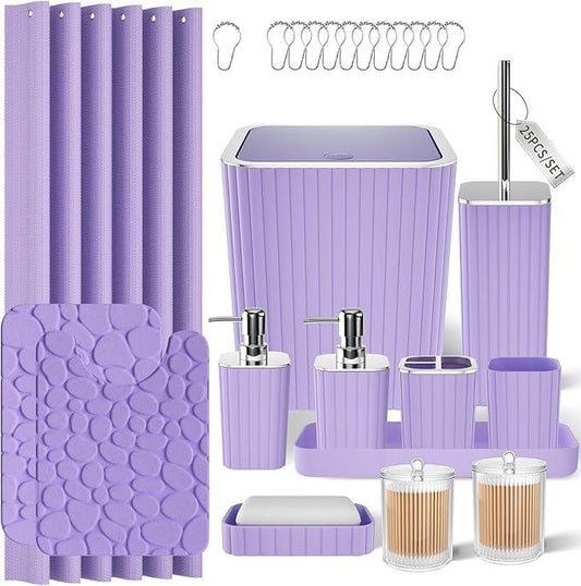 XLHOMO Bathroom Accessories Set - 25PC Bathroom Sets with Shower Curtain and Rugs, Purple Bathroom Accessories with Trash Can, Soap Dispenser, Soap Dish & Toilet Brush - ModernBath