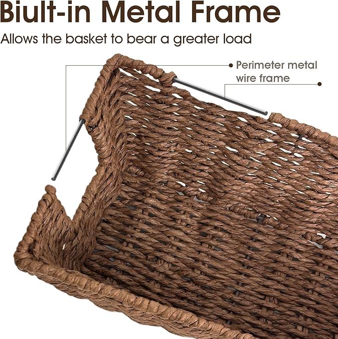 Paper Rope Storage Baskets for Shelves Organizing, Small Hand Woven Wicker Organizer Basket with Handle for Bathroom Toilet Paper Storage, Brown, 3-Pack - ModernBath