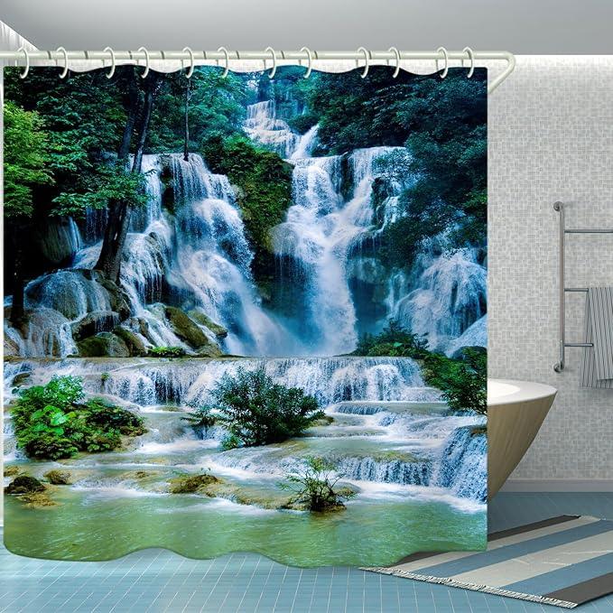 LYFANS Bathroom Uses 3D Shower Curtain with Alpine Waterfall, Luxury Bathtub Waterproof Shower Curtains, Bright Fabric Shower Curtain, Size (72x79 inches) - ModernBath