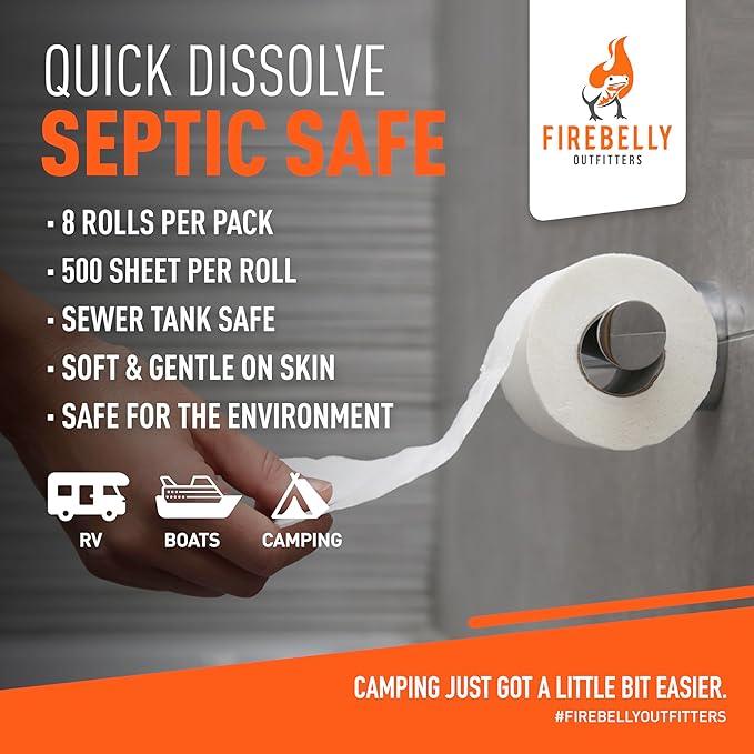 RV Toilet Paper, Septic Tank Safe-MADE IN THE USA- 8 Rolls,2-Ply 500 Sheets - Fast Dissolve Bath Tissue for Camping, Marine, RV Holding Tanks, Biodegradable - Firebelly Outfitters - ModernBath