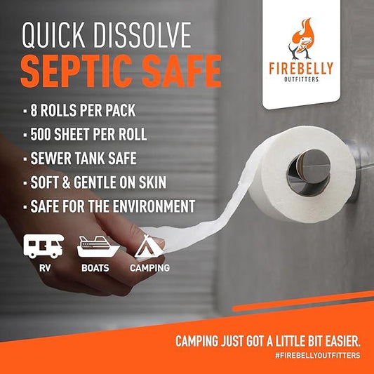 RV Toilet Paper, Septic Tank Safe-MADE IN THE USA- 8 Rolls,2-Ply 500 Sheets - Fast Dissolve Bath Tissue for Camping, Marine, RV Holding Tanks, Biodegradable - Firebelly Outfitters - ModernBath
