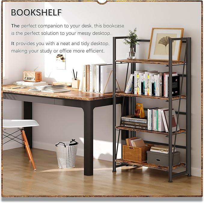 4NM No Assembly Folding Bookshelf Storage Shelves 4 Tiers Vintage Bookcase Standing Racks Study Organizer Home Office (Rustic Brown Black) - ModernBath