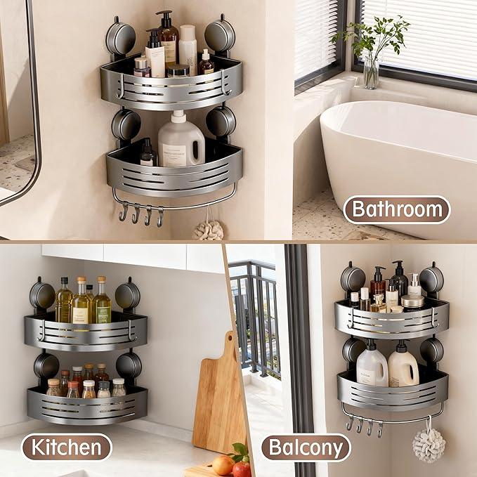 Structoline Corner Suction Cup Shower Caddy(2-Pack Gray),No-Drilling Aluminum Shower Shelf with Towel Bar & Hooks,Removable Bathroom and Kitchen Storage Organizer. - ModernBath