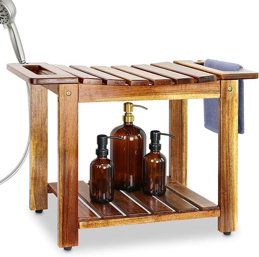 Shower Stool Bench Chair Waterproof with Storage Shelf for Shaving Legs, Spa, Bath Seat, Inside Shower Bench for Adults Seniors Elderly, Outdoor Side Table, Patio, Pool, End Table (24 in with Handle)