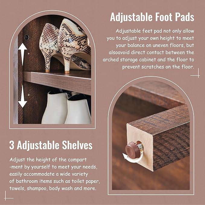 71" Tall Arched Bathroom Storage Cabinet, 7-Tier Modern Farmhouse Storage Cabinet with Adjustable Shelves, Wood Freestanding Cabinet for Bathroom, Living Room, Entryway, Hallway-Brown - ModernBath