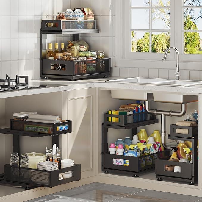 2 Pack Under Sink Organizer with Next-Gen Ball-Bearing Slides,2-Tier Pull Out Cabinet Storage,Height Adjustable Drawer Shelf for Bathroom,Kitchen,Laundry,Cabinet,Pantry(Patent Pending) - ModernBath