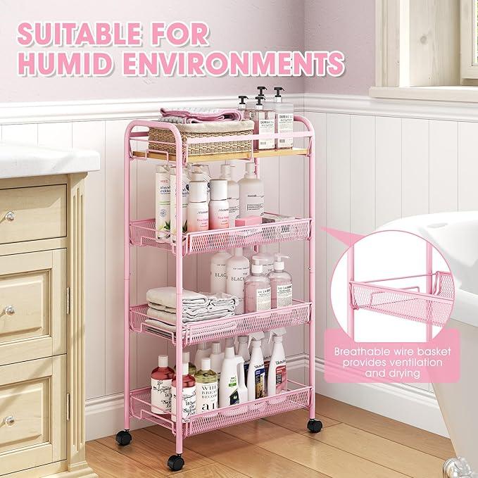 TOOLF 4-Tier Rolling Cart, Metal Utility Cart, Slide Out Storage Cart with Wooden Tabletop and Mesh Baskets, Easy Assemble Trolley for Kitchen Bathroom Laundry Room Bedroom Apartments Dormitory - ModernBath