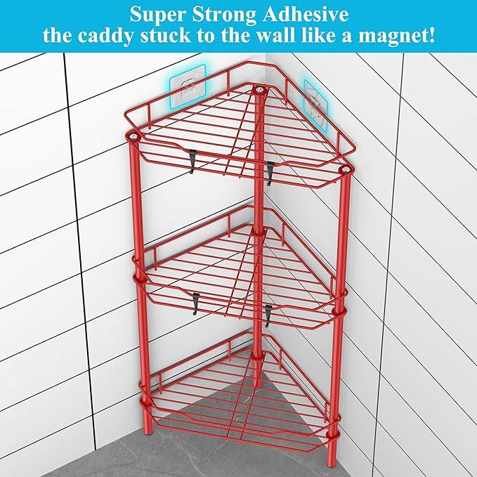 3 Tier Floor Standing Corner Shower Caddy Organizer Shelf with Hooks, Bathroom Shelves Stand Rack, Red - ModernBath