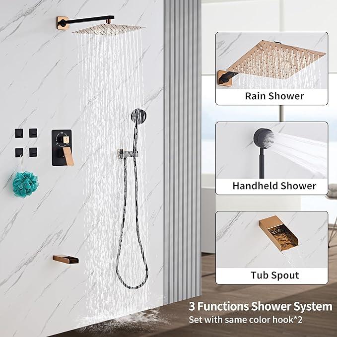RTTWYYUU Black Gold Shower Tub Faucet Set, Wall Mounted 10 Inch Shower Heads with Handheld Spray Combo and Tub Shower Faucet, Luxury Bathroom Square Rain Shower System - 4 Hooks - ModernBath