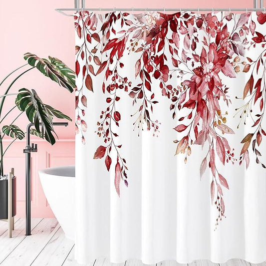 Gibelle Burgundy Red Eucalyptus Shower Curtain, Watercolor Plant Leaves with Floral Bathroom Shower Curtain Set, 72x72 - ModernBath